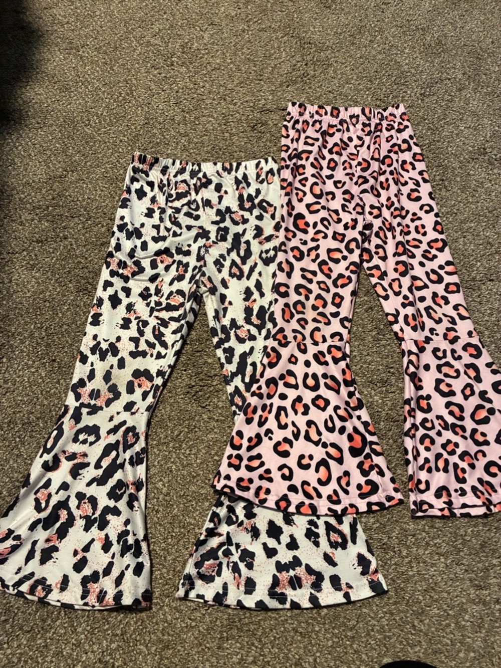 Leopard Print Bell Bottom Pants Duo - Pink & Ivory